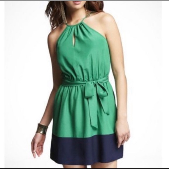 Express Dresses & Skirts - Express Green halter dress with blue trim